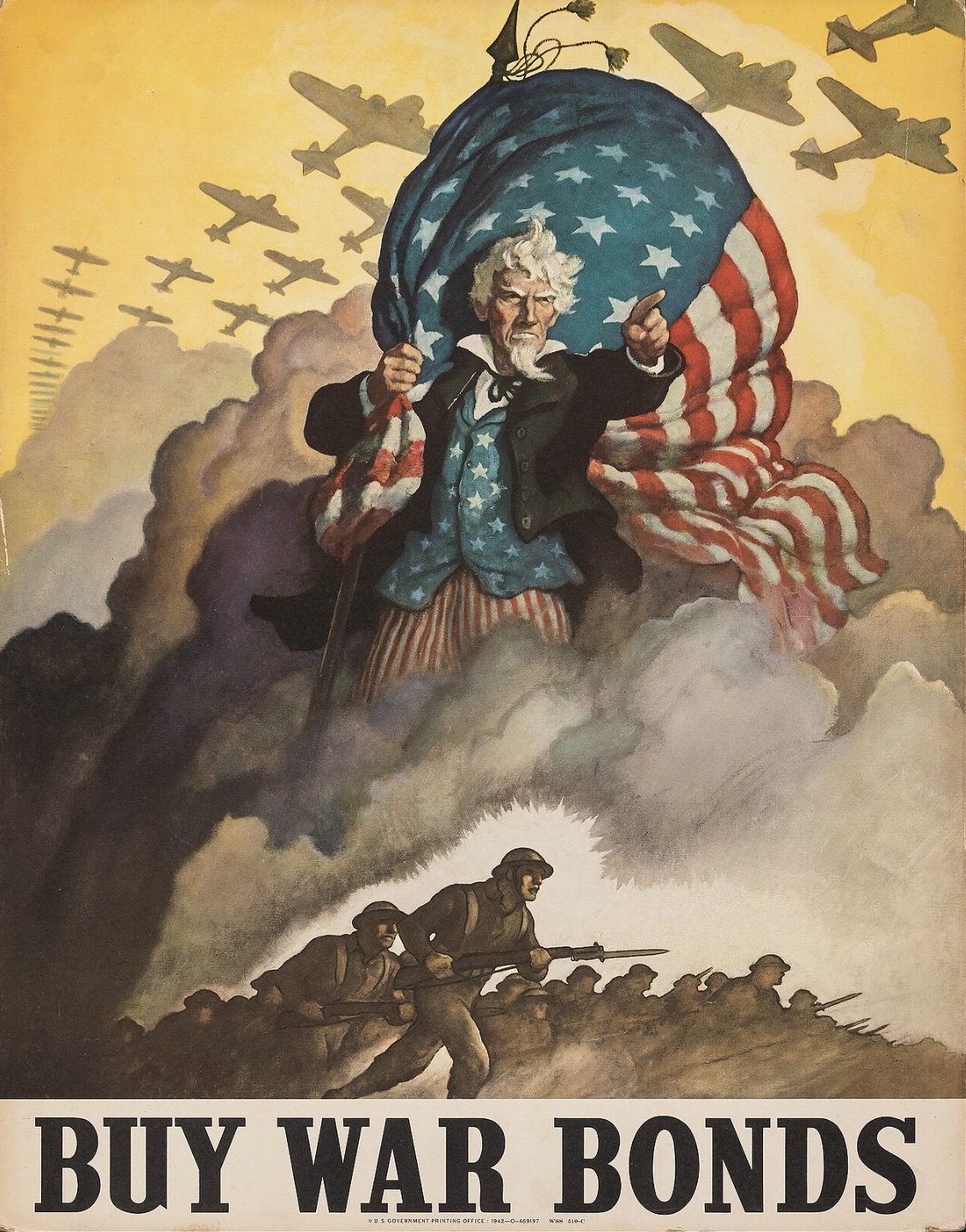 An American propaganda poster promoting war bonds, depicting Uncle Sam leading the United States Armed Forces into battle. 